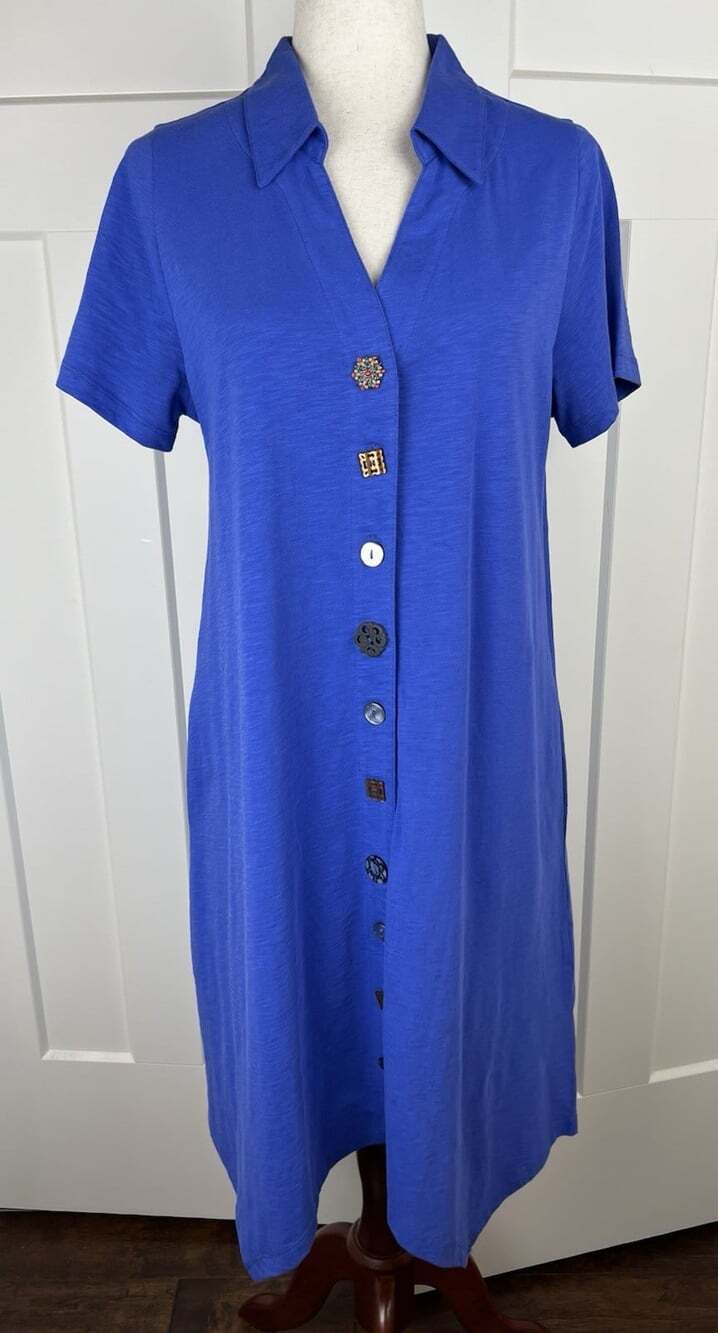 Soft Surroundings Dress M Cobalt Blue Mixed Buttons Sharkbite Hem Pockets